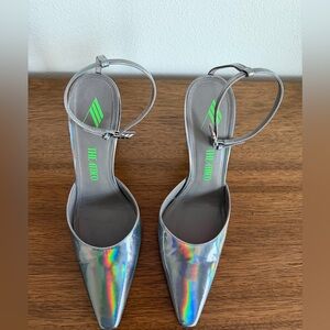 The Attico Iridescent Silver Holographic Pointed Ankle-Strap Pumps